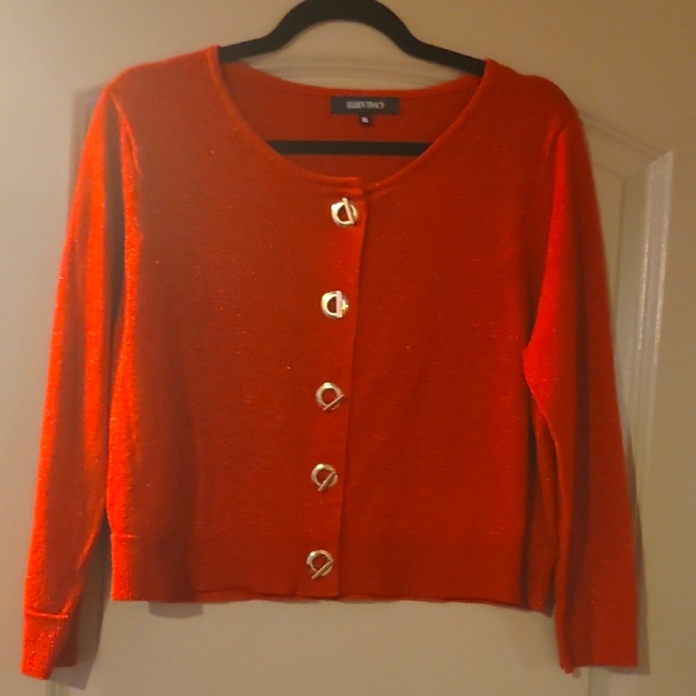 Ellen Tracy Red Cardigan with Gold hook closures